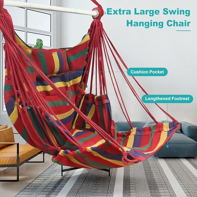 Outerman Hammock Chair, Hanging Chair with 3 Cushions and Foot Rest Support, Sturdy Metal Spreader Bar Max 440 Lbs, Swing Chair for Bedroom, Indoor & Outdoor, Patio, Porch or Tree(Red)