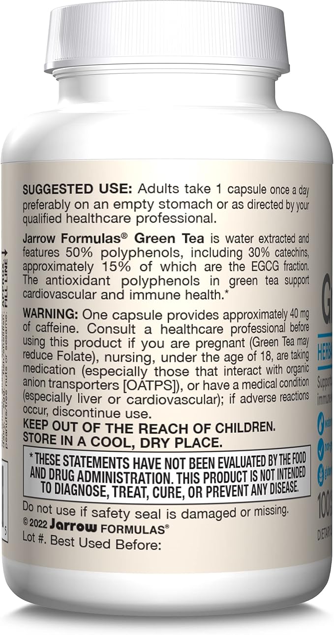 Jarrow Formulas Green Tea Herbal Antioxidant 500 mg, 100 Capsules, 100 Day