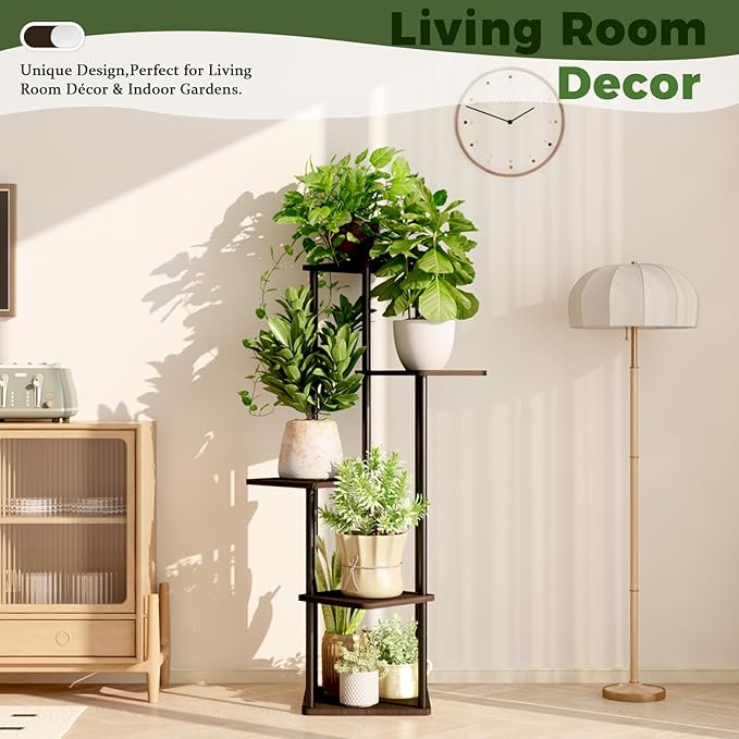 5 Tiered Plant Stand Indoor Corner Plant Shelf for Multiple Plants for Patio Garden Balcony Living Room Bedroom, Tall Metal Flower Pots Stand Relaxing for Women Gift Black Oak