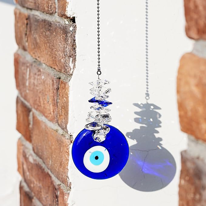 Blue Glass Evil Eye Talisman with Crystal Beads - Good Luck Charm, Home, Office, Car Decoration, Blessing Ornament, Reflects Negative Energy
