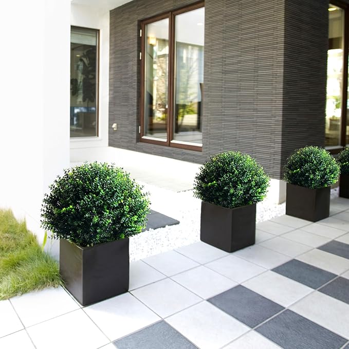 Yunlly 2 Pcs 18 Inch Artificial Boxwood Ball Topiary Tree Fake Outdoor Plants Bush, UV Resistance Faux Shrubs with Spike Realistic Greenery Potted for Indoor Garden Yard Porch Patio Decor (Dark Green)