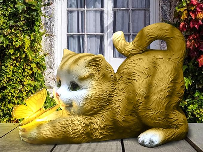 Solar Garden Statue Cat,Garden Figurine Outdoor Decoration with Cat Holding Butterfly for Yard,Patio,Lawn Art