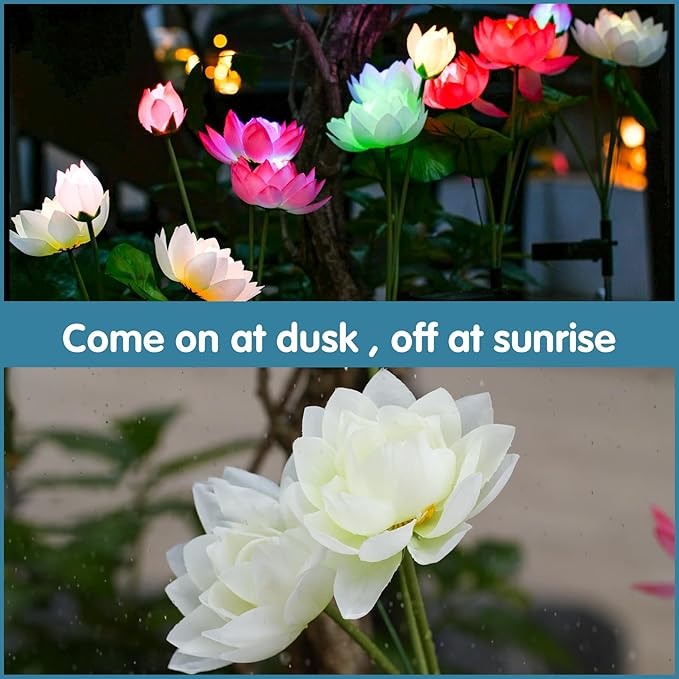 Solar Garden Lights - Solar Flower Lights, 7-Color Changing Lotus Lights for Yard, Garden Decoration, Bigger Solar Panel & Realistic Lotus Flowers (4 Pack)