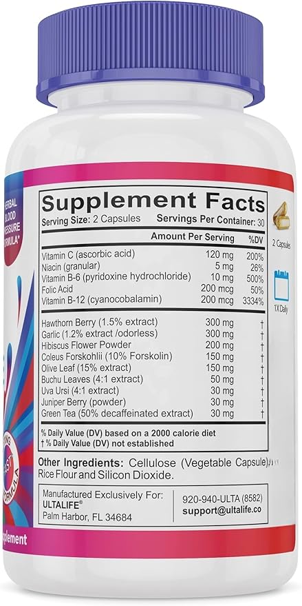 Blood Pressure Supplements - Advanced Blood Pressure Supplement Complex - Hawthorn Berry, Hibiscus, Garlic, Forskolin - 14 Vitamins & Herbs, 30 Day Supply in Veggie Capsules