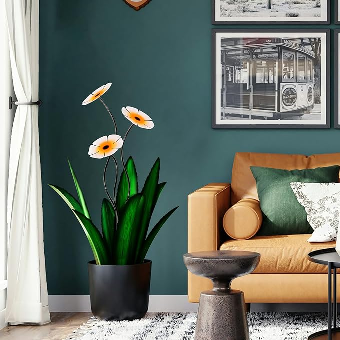 Upgraded Large Metal Yard Art, Agave Plant Yard Decorations Outdoor Sculpture, Flowers for Outside, Waterproof Outdoor Garden Decor (Blue + White Flower)