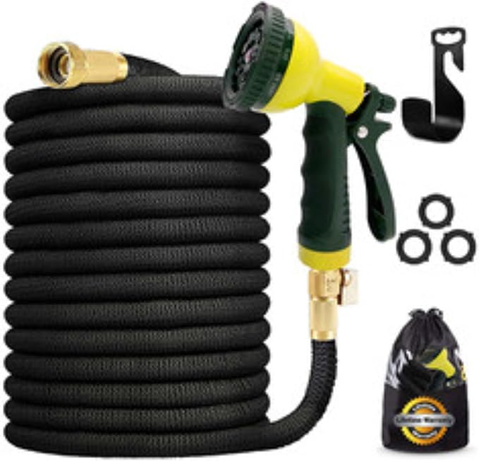 J&B XpandaHose 75ft Expandable Garden Hose with Holder - Heavy Duty Superior Strength 3750D - 4 -Layer Latex Core - Extra Strong Brass Connectors and 10 Spray Nozzle w/Storage Bag (Black 75)