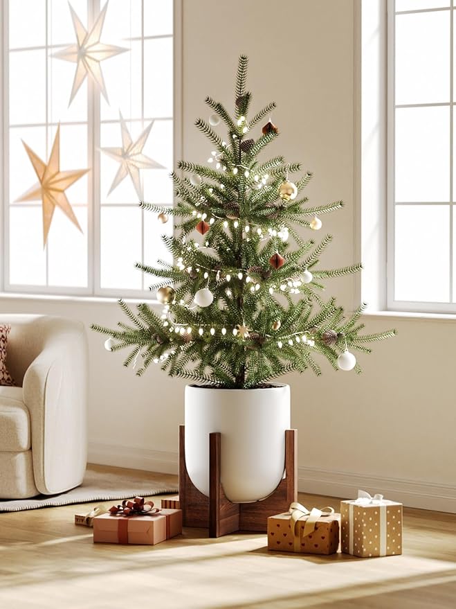 LE TAUCI 12 Inch Pots for Plants with Acacia Wood Stand, Ceramic Large Planters for Indoor Plants, Indoor Plant Pots for Office Living Room, Cylinder Pots for Plants with Drainage Hole and Plug, White