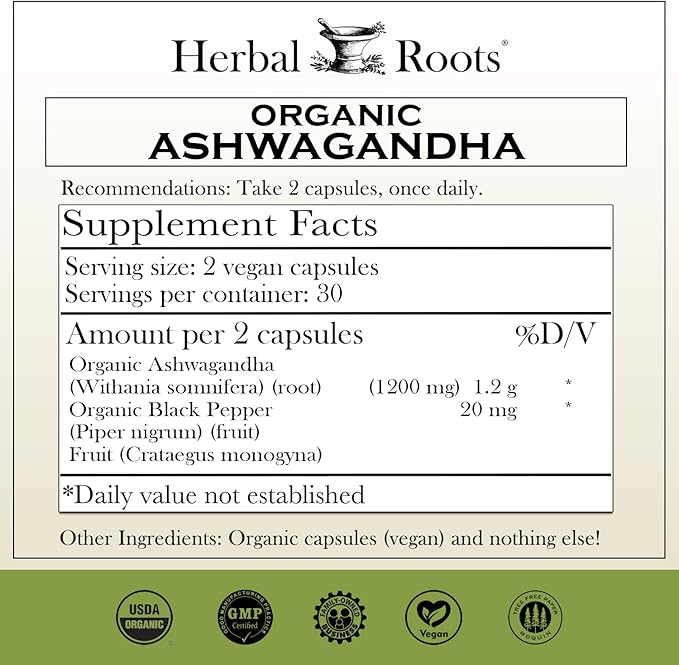 Herbal Roots Ashwagandha Capsules 1,000mg per 60 Vegan
