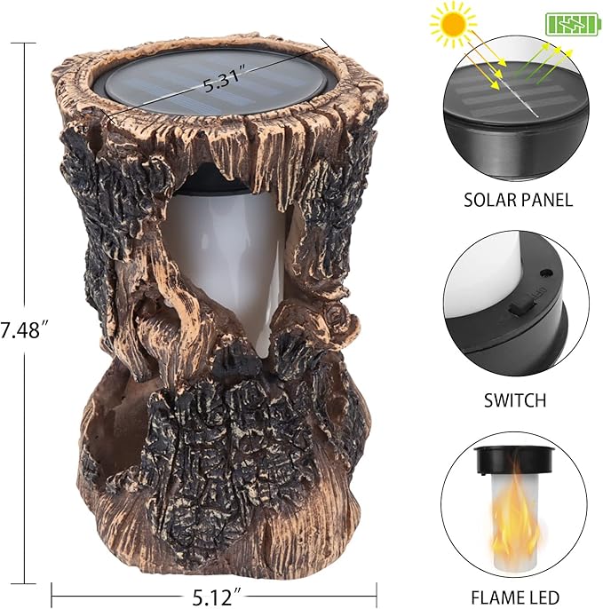 pearlstar Solar Lanterns Outdoor Tree Stump Fire Flame Light Halloween Decorative Solar Powered Lantern Waterproof Decor for Patio Garden Yard Pathway Lawn Deck,2PACK