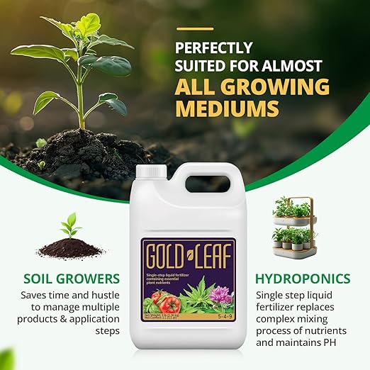 1 Gallon Gold Leaf Liquid Fertilizer Single-Step Plant Fertilizer with Every Essential Nutrient for Healthy Bigger Buds and Blooms, Optimized pH for Soil, Hydroponics, and Coco Growers