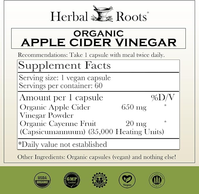 Herbal Roots Organic Apple Cider Vinegar 650 mg 60 Vegan