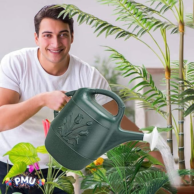 PMU 2 Gallon Watering Can - Garden Watering Can for Indoor & Outdoor Plants - Plastic Water Can with Detachable Sprinkler Head - Large Water Pot, Made in USA - Hunter Green Pkg/6