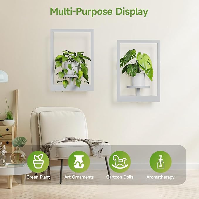 Picture Frame Wall Plant Holder, Metal Window Plant Shelves Plant Holder for Indoor Plants, Hanging Wall Planters Wall-Mounted Plant for Home, Office, and Garden (White, 3PCS)