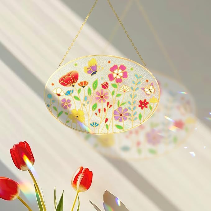 Tuitessine Wild Flower Stained Glass Suncatcher Colorful Flowers Window Wall Hanging Ornament Indoor Hand-Painted Glass Panel Spring Decor Mother’s Day Teacher Appreciation Gift 9.5" x 6.7"
