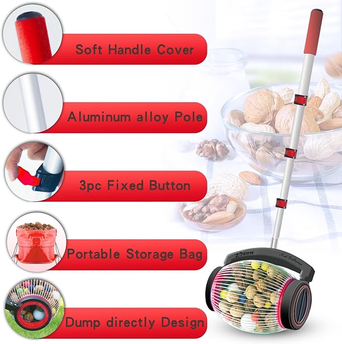 Zozen Nut Gatherer, Walnut Picker Upper Roller, Pecan Picker Upper - Side Opening Dump | Apply to Walnut, Pecan, Hickory, Chestnuts, Buckeyes, Nerf Balls, Golf, Objects Size 3/4'' to 1.5''; 1 Gallon