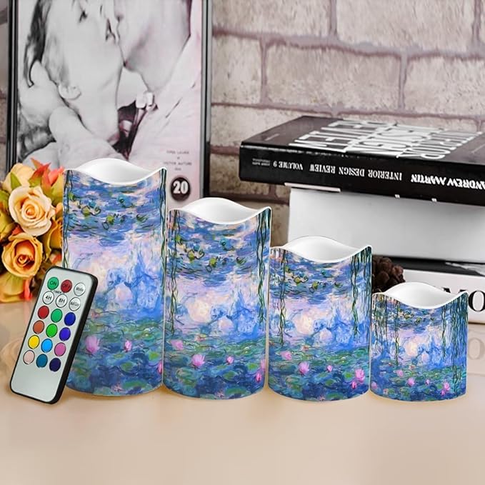 Ystardream Monet's Water Lily Flameless Candles with Timer Led Candles Flickering 4 Candle Sets for Home Decor,18 Key Remote Control,Dancing Flame, True Wax, Battery Powered.