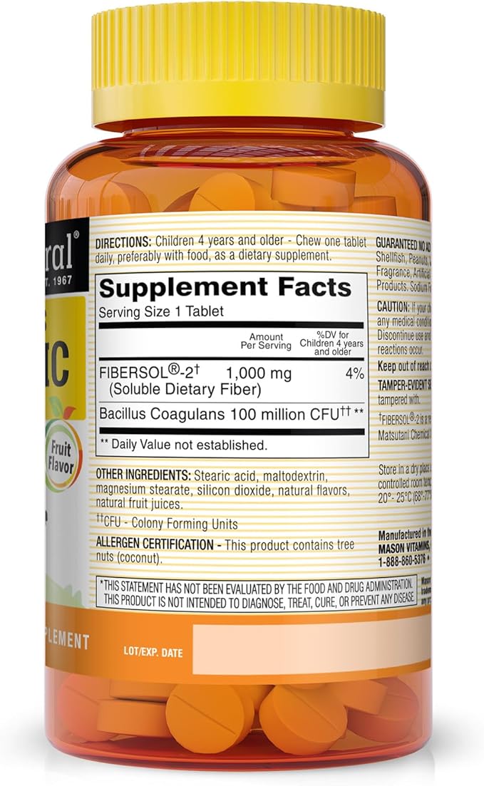 MASON NATURAL Healthy Kids Probiotic with Fiber - Healthy Digestive Function, Improved Gut Health, 60 Chewables (Pack of 3)