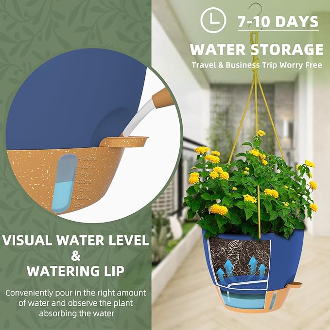 ZMTECH Hanging Planter 10 Inch, 2 Pack Hanging Baskets for Plants Indoor, Hanging Flower Pots with Drainage Hole, Visual Reservoir & 2 Kinds of Plant Hangers for Outdoor Garden Home Decor