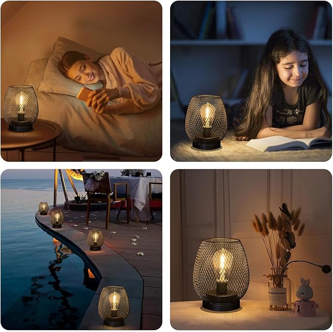 2 Pack Battery Operated Lamp Outdoor Table Lantern,Metal Cage Cordless Lamps with LED Bulb for Weddings Parties Patio Events Indoor Outdoor Patio Bedroom Living Room(Black