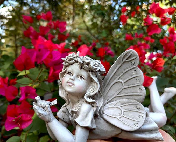 MeritMode Fairy Flower Garden Outdoor Statue - Angel Holding Bird and Butterfly, 11" Width, Cherub Decor and Grandma Gifts, Patio and Yard