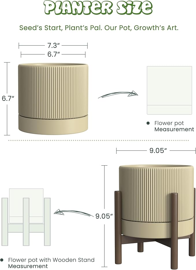 Ceramic Planter Pots Indoor with Drainage Hole & Saucer,Including Stand,7.3 Inch Mid-Century Modern Cylinder Plant Pot for Snake Flower Leaf Khaki