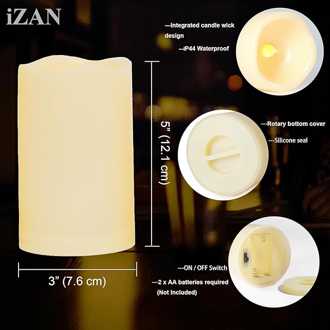 iZAN Set of 6 Outdoor Flameless Battery Operated LED Pillar Candles with Remote Timer Waterproof Flickering Electric Decorative Lights for Christmas Home Wedding Party Festival Decorations 3" x5”