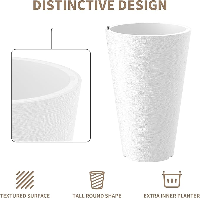 Kante Tall Round Planter Set of 2, 15 Inch Tall Decorative Planter Pots for Outdoor Indoor Garden Patio Front Porch (White)
