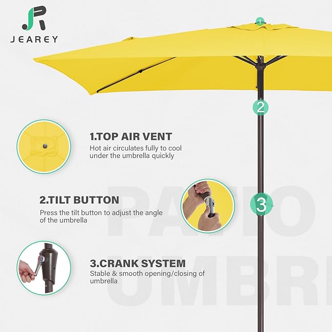 JEAREY 6.5x10 ft Rectangular Patio Umbrellas Outdoor Market Umbrella with Push Button Tilt and Crank, Rectangle Table Umbrella 6 Sturdy Ribs UV Protection for Pool Garden Backyard Deck, Yellow