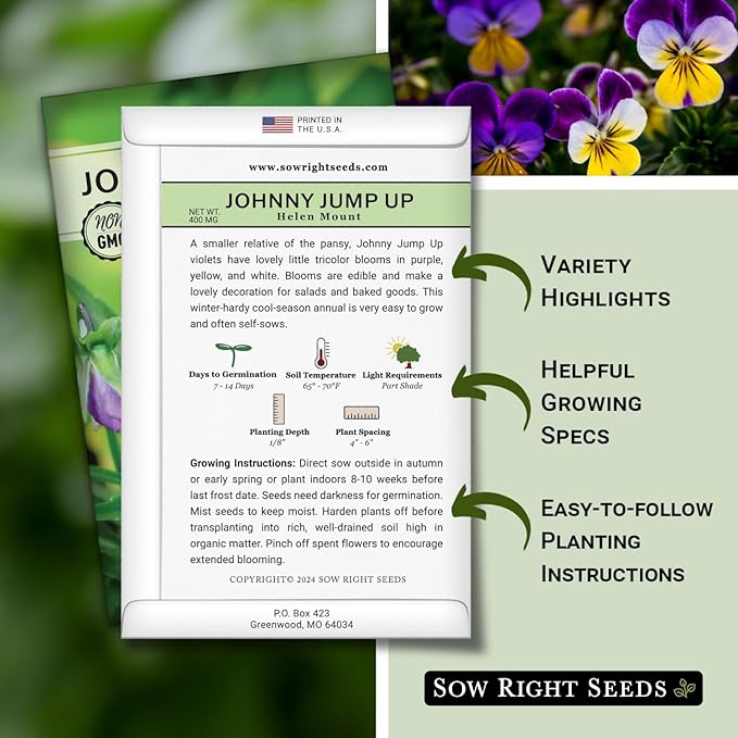 Sow Right Seeds - Violet, Johnny Jump-Up Flower Seed for Planting - Beautiful Flowers to Plant in Your Garden - Non-GMO Heirloom Seeds - Perfect for Spring Containers - Attract Pollinators (1)