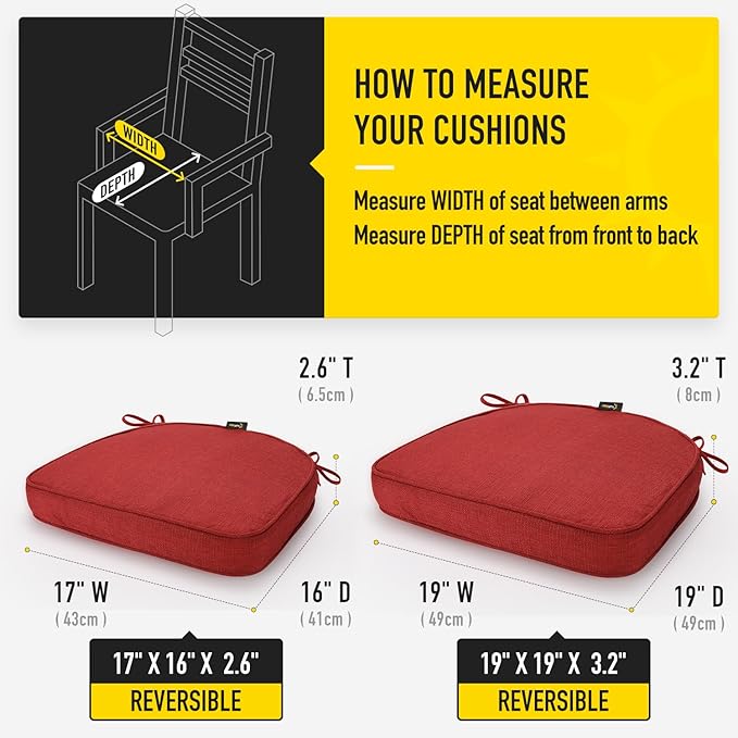 SUNROX Gel Memory Foam Chair Cushions, FadeShield Water-, Stain-Resistant Durable Reversible Seat Cushion Pads with Ties for Indoor/Outdoor Kitchen Dining Office 17"x16" Set of 6, Burgundy