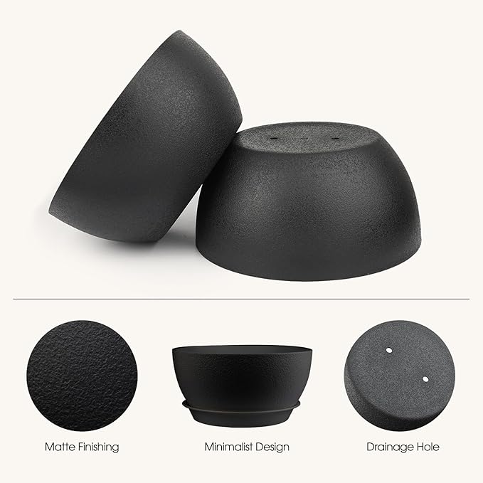 13 inch Plant Pots Pack of 2, Plastic Planter with Drainage Holes and Saucers, Plant pots for Indoor Outdoor Use, Flower Pots for All House Plants (Black)