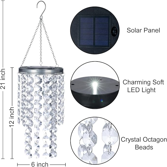 Hanging Solar Lantern Outdoor, 2 Tiers 21” Solar Transparent Acrylic Beaded Chandelier with Cool White LED S Hooks for Garden Yard Patio Gazebo Outside Decor
