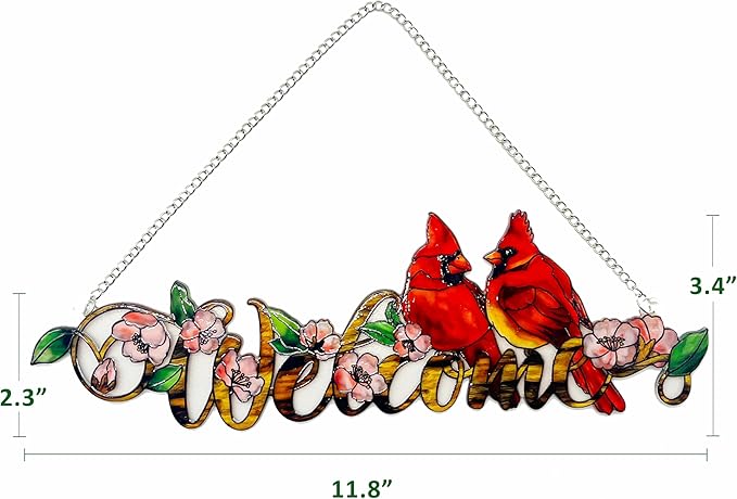 Welcome with Red Cardinal Suncatcher Red Bird Stained Glass Suncatchers Window Hanging Ornament for Home Decor Indoor Wall Art for Mother's Day Women Mom Birds Lovers Friends (Welcome)