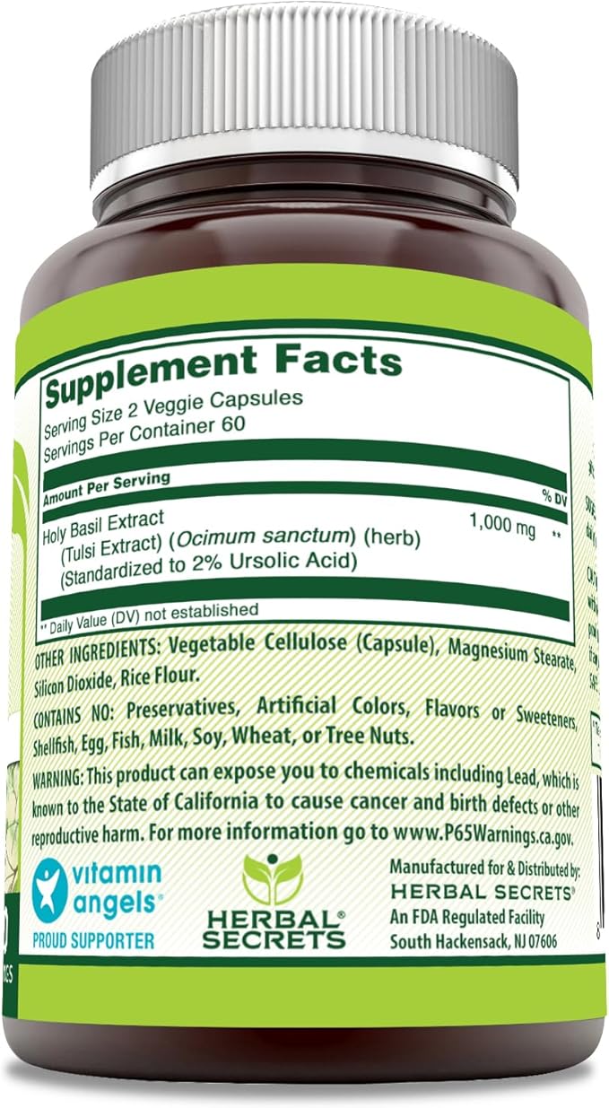 Herbal Secrets Holy Basil Supplement 1000 Mg 120 Veggie