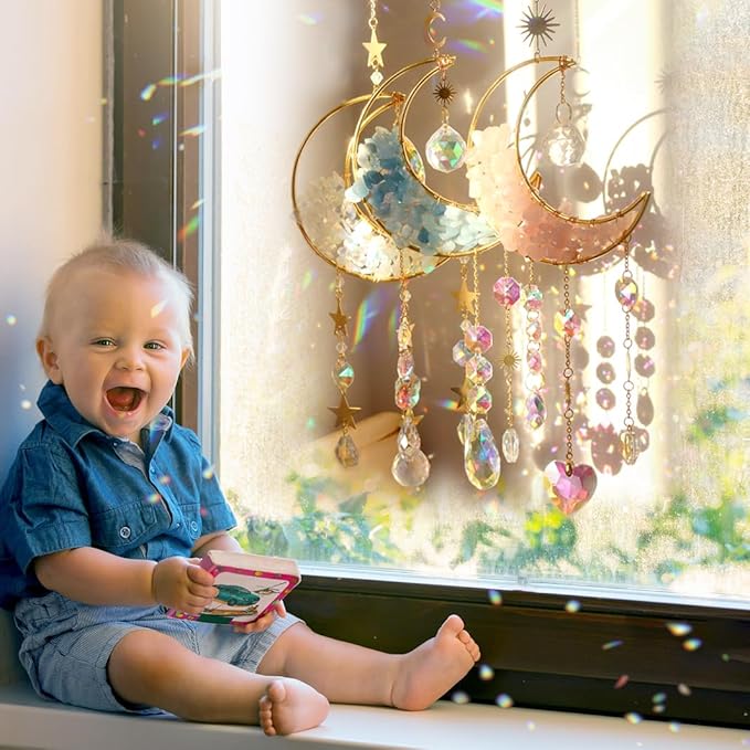 Crystal Suncatcher Hanging Moon Sun Light Catcher with Glass Prisms for Window Natural Kyanite Crystal Decor Home Indoor Making Rainbows