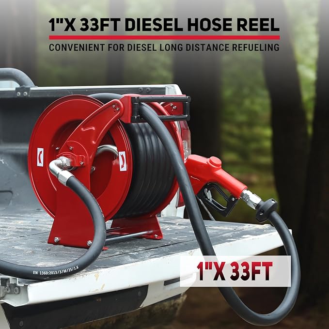 Fuel Hose Reel, 1" x 33' Retractable Diesel Fuel Heavy-duty Steel Construction with Refueling Nozzle, 300 PSI Diesel Reel Used for Aircraft Ship Vehicle Tanker Truck