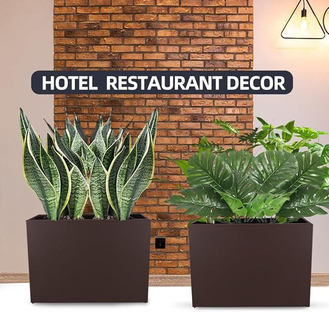 Metal Tall Long Planter Box Large Rectangular Planter Flower Pot with Drainage Holes for Indoor Outdoor Deck Porch Garden Home Patio Front Door (Espresso, M)