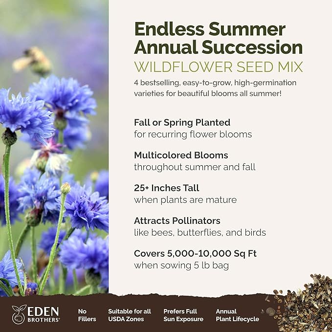Eden Brothers Endless Summer Annual Succession Flower Mixed Seeds for Planting, 5 lb, 2,400,000+ Seeds with Cosmos | Attracts Pollinators, Plant in Spring or Fall, Zones 3, 4, 5, 6, 7, 8, 9, 10