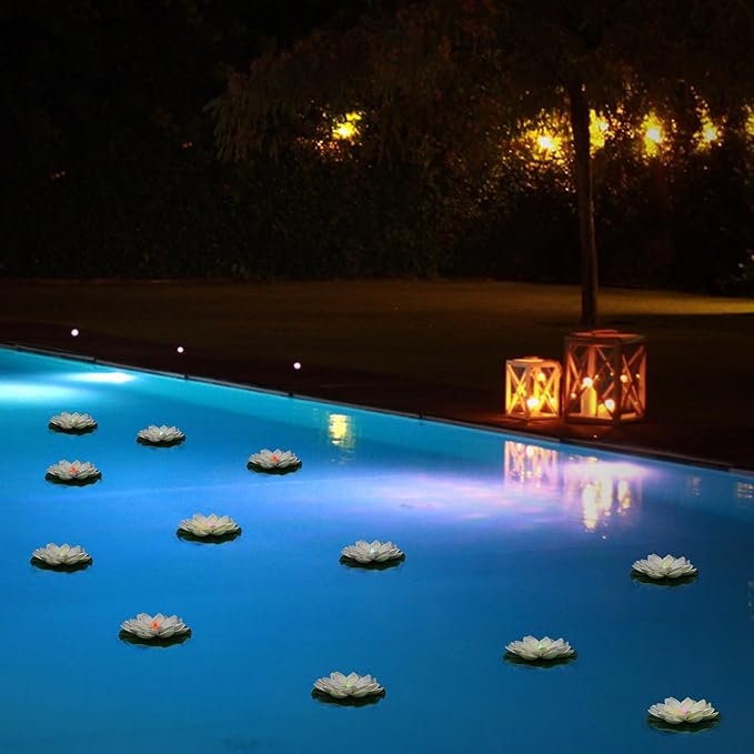 12 PCS Floating Lotus Lights - Artificial LED Lotus Waterproof Battery Operated Water Activated Color Changing Fake Lily Pad Lights for Pool Pond Lantern Garden Outdoor Decor