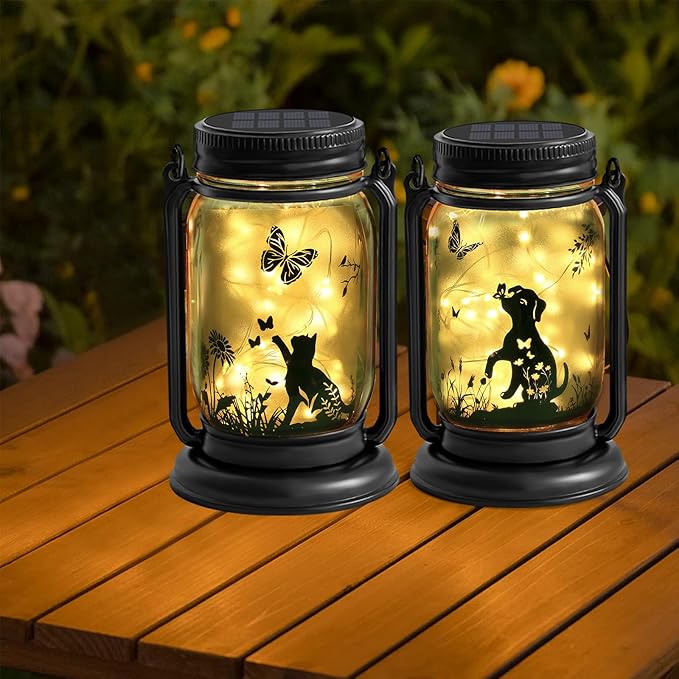 YJFWAL Solar Cat & Butterfly Lanterns Outdoor Waterproof - Cat Lover Unique Birthday Mothers Day Gifts for Women Mom Grandmom , LED Hanging Mason Jar Fairy Lights for Garden Yard Patio Decor
