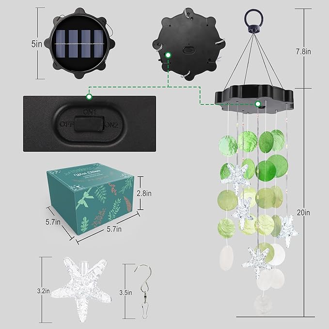 Solar Wind Chimes for Outside, White & Green Shell Gifts for Mom Grandma Women, Waterproof Solar Outdoor Decorative Mobile Lights for Garden, Yard, Patio, Window, Party, Outdoor Decorations
