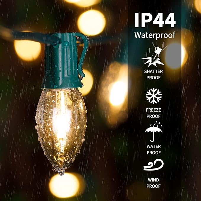 Vintage C9 Christmas Lights Outdoor, 25 Feet 25 LED C9 Christmas Decorations, Connectable Waterproof String Lights for Holiday Party Roofline Backyard Garden Patio, E17 Base, Warm White
