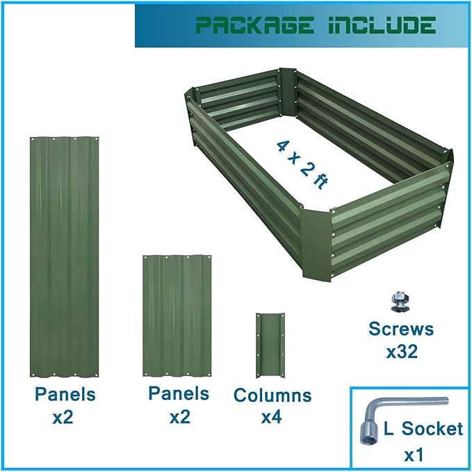 4x2x1ft Metal Raised Garden Bed Kit,Galvanized Garden Bed Box for Vegetables, Flowers, Herbs, and Succulents,60 Gallon Capacity - Green
