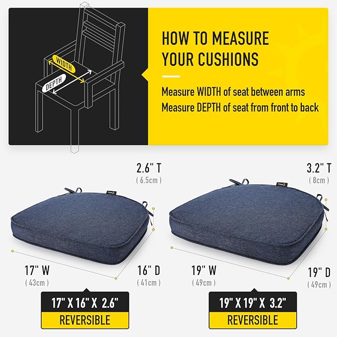 SUNROX Gel Memory Foam Chair Cushions, FadeShield Water-, Stain-Resistant Durable Reversible Seat Cushion Pads with Ties for Indoor/Outdoor Kitchen Dining Office 17"x16" Set of 2, Heather Indigo