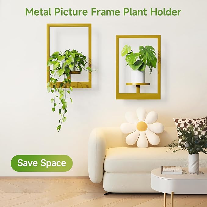 Picture Frame Wall Plant Holder, Metal Window Plant Shelves Plant Holder for Indoor Plants, Hanging Wall Planters Wall-Mounted Plant for Home, Office, and Garden (Gold, 3PCS)
