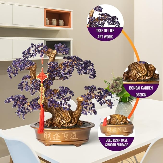 Natural Amethyst Gemstone Crystal Bonsai Tree of Life (1,350 Gemstone Count) Large Feng Shui Money Chakra Tree for Luck and Wealth Desk Decoration 20 Inches
