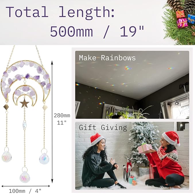 Amethyst Crystals Suncatcher - Hanging Moon Sun Catcher with Glass Prisms for Windows, Healing Amethyst Crystal Decor for Home, Gift for Christmas Birthday Valentine Mothers Day