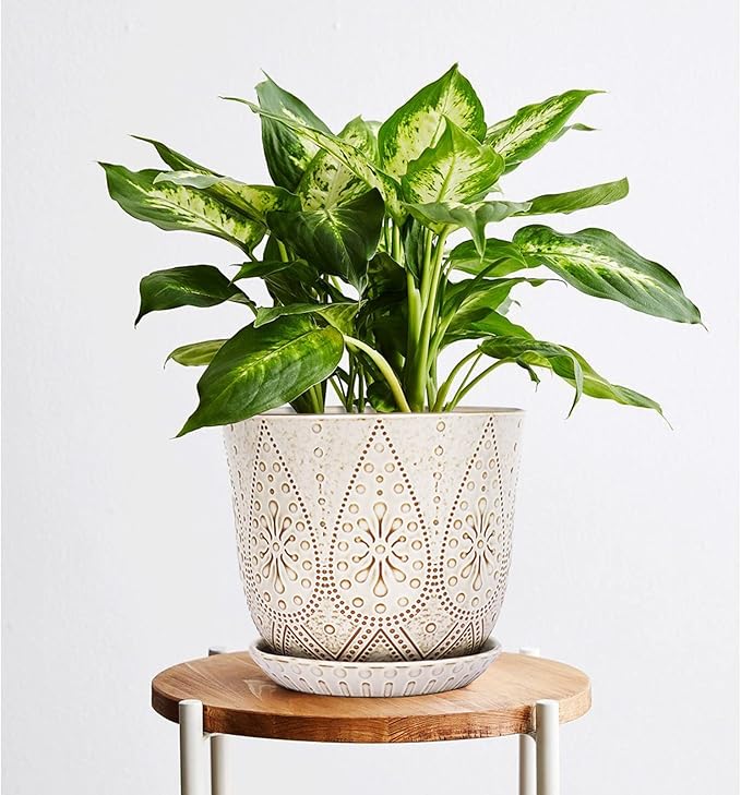 Gepege 8 Inch Plant Pot, Creamy White Ceramic Planter with Drainage Holes and Saucers for Plants Indoor and Outdoor Flower Pot