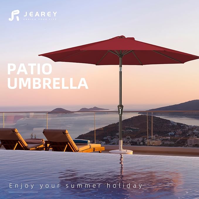 JEAREY 10FT Outdoor Patio Umbrella Outdoor Table Umbrella with Push Button Tilt and Crank, Market Umbrella 8 Sturdy Ribs UV Protection Waterproof for Pool, Garden (Light Red)