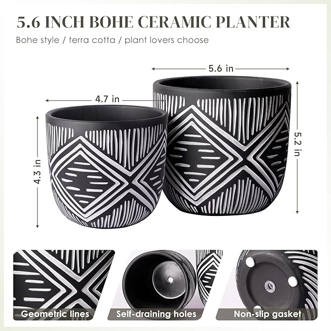 6 Inch Boho Planter Pots with Drainage Holes, 2 Pcs Terracotta Pots, Ceramic Plant Pots for Indoor Plants, Ferns, Vines, Succulents, and Outdoor Plants Growing, Gift for Plant Lovers(Black)